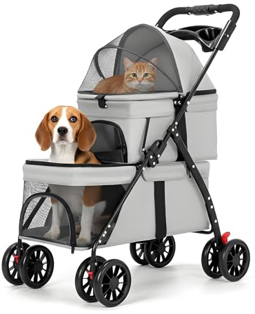 Simcat Double Pet Stroller for Small Medium Dogs Cats Foldable Travel Carriage, 3 in 1 Foldable Pet Stroller for Travel Camping (Grey)