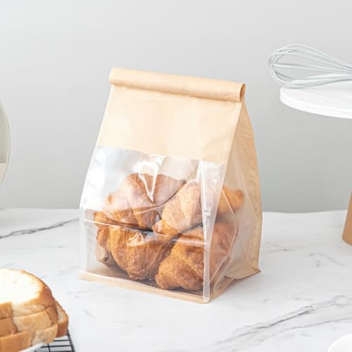 Roppolo 100 Pcs Bread Bags for Homemade Breads with Window, 6.3 x 5.1 x 10.3 Inch Tin Tie Tab Lock Resealable Bakery Loaf Bags for Packaging Sourdough Bread, Cookies, Bagels, Pastry