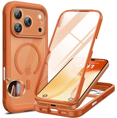 Miracase Magnetic Case for iPhone 17 Pro Max Case 6.9, [Camera Control Capture Button] Built-in Glass Screen Protector, Compatible with MagSafe, Full Body Bumper Clear Back Cover (Orange)