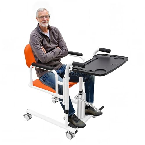 Toilettenstuhl Hydraulisch 150kg, Patientenlifter mit Höhenverstellung 30-46cm, Toilettenstuhl für Senioren mit Tischplatte und Töpfchen, 4 Räder mit Bremsen für Sicheren Transfer