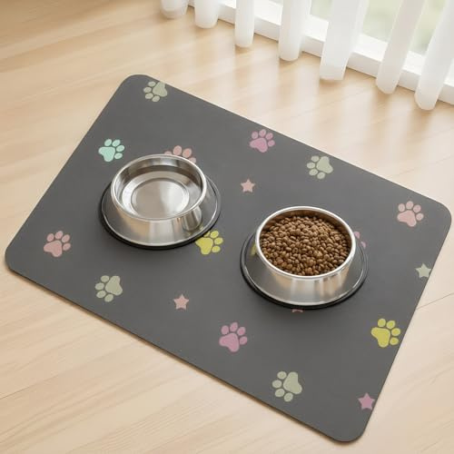 SARTNP Napfunterlage Hund, Gummirücken Napfunterlage Katzen, Wasserabsorbierend Hundenapf Kleine Hunde,rutschfeste Unterlage Hundenapf Futtermatte (Dark Grey-Star Paws, 40 x 60 cm)