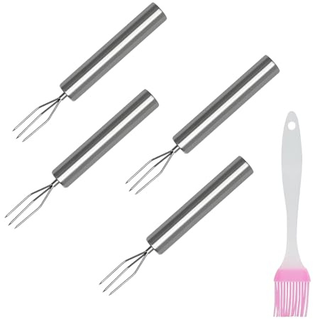 5 Piezas Tenedores de Patatas de Acero Inoxidable, Pincel con aceite, Pinchos para Mazorcas de Maíz, Frutas y Verduras, Brochetas Reutilizables, Plateado