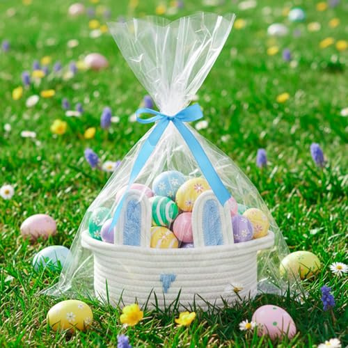 powerking Easter Basket, Cute Bunny Easter Egg Hunt Basket, Empty Gift Basket with Gift Bags and Ribbon for Easter, Small Woven Storage Basket for Home, Nursery Organizer (White Blue)
