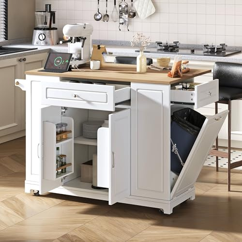 LAKFEW Isla de Cocina con Ruedas, Isla Cocina con Enchufe y Compartimento para Cubo de Basura, Mueble Auxiliar con Mesa Plegable y Almacenamiento Multiuso, 131.8x40(70) x93.3 cm, Blanco+Natural