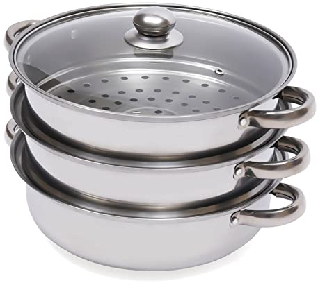 3-stegs rostfritt stål ångkokare | rostfritt stål 32 cm ångkokare kodade ånghål hälsosam ånga för kök hushåll kompatibel med olika spisar (32,5 x 25 cm)