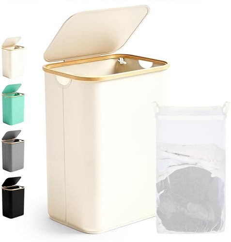 Ribelli Wäschekorb 85 Liter, Faltbarer Wäschesammler mit Deckel und Herausnehmbar Wäschesack, Wäschetonne Schmal für Waschküche, Bad, Schlafzimmer, Creme