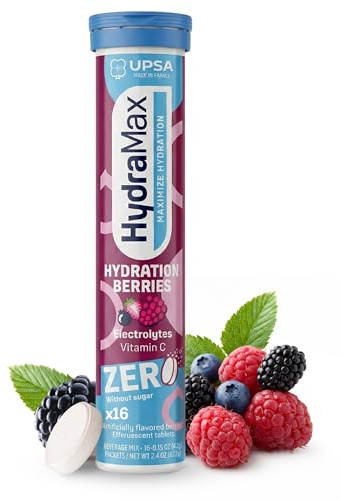 Upsa Hydramax Zero Added Sugar Electrolytes Hydration Tablets - Mixed Berry Effervescent Hydrating Supplement with 4 Essential Electrolytes & Vitamin C, Daily Hydration Mix Support, 16 Count
