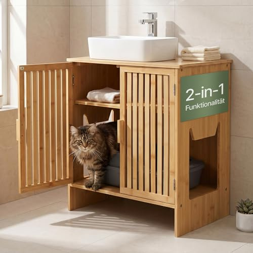 WOOWOOD Katzenklo Schrank aus Bambus, Waschbeckenunterschrank, 60x44x60 cm