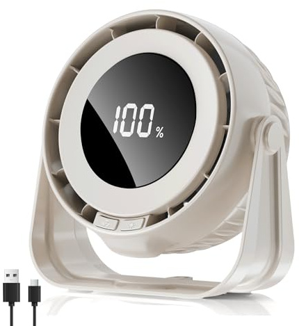 LITOHOM Desk Fan USB Rechargeable,Mini Turbo Desktop Fan with LED Display, 5 Wind Gear,360° Adjustable Tilt,Battery Powered Silent Table Fan for Bedroom Home kitchen Office Travel (White)