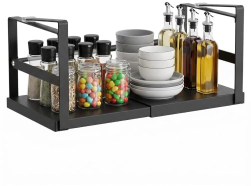 XunHe Verstellbares Unterschrankregal Metall – 27-45cm Ausziehbarer Unterregal Hängekorb ohne Bohren, Stabiler Gewürzregal Küchenschrank Organizer für Küche, Kleiderschrank und Büro, Schwarz