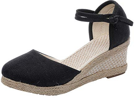 Sandali da donna in tessuto di lino, con zeppa media, plateau, cinturino alla caviglia, sandali espadrillas bohémien, eleganti, antiscivolo, traspiranti, con supporto per arco plantare, per tutti i