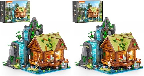 Lumibricks Waterfall Cabin Bauset mit Licht – 2539 Teile Retro Holzhaus mit beweglichem Wasserfall & Naturkulisse, Sammlerstück für Erwachsene (Packung mit 2)
