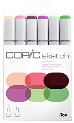 Copic Sketch färgad markörpenna – set med 6 blommiga favoriter 1, för konst och hantverk, färgning, grafik, highlighter, design, anime, professionella och nybörjare, konsttillbehör och målarböcker