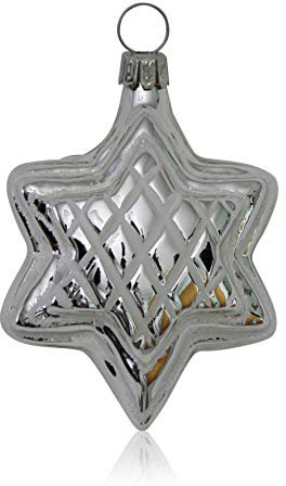 Lauschaer Glas Christbaumschmuck Sterne silber mit Dekor 4 Stück Christbaumschmuck Weihnachtsbaumschmuck mundgeblasen handdekoriert