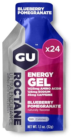 GU ENERGY GEL ROCTANE - Myrtille/Grenade - Boîte de 24 gels - Gel énergétique Longue Distance - Enrichi en Sodium & BCAA - Idéal pendant les efforts long et intenses 100Kcal