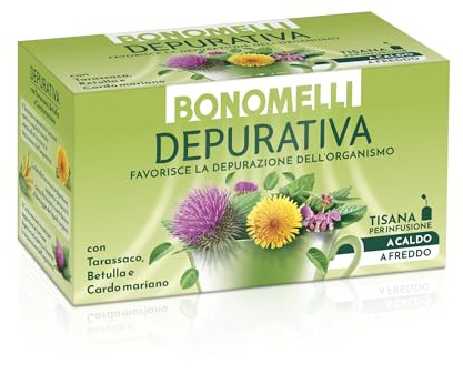 Bonomelli Tisane Funzionali, Depurativa, 16 Filtri, con Cardo Mariano, Sambuco e Tarassaco, Integratore Alimentare, Infusione a Caldo e a Freddo (32g)
