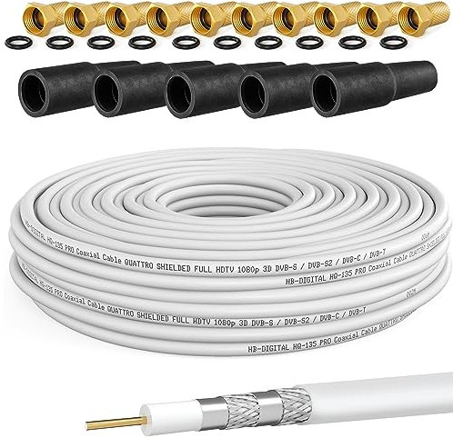 HB-DIGITAL 50m Koaxialkabel SAT HQ135 PRO inkl. 5X Gummitüllen + 10X F-Stecker vergoldet GRATIS dazu | Satellit Antennenkabel 4-Fach geschirmt | für DVB-S/S2 DVB-C/C2 DVB-T/T2 DAB+ Radio BK Anlagen