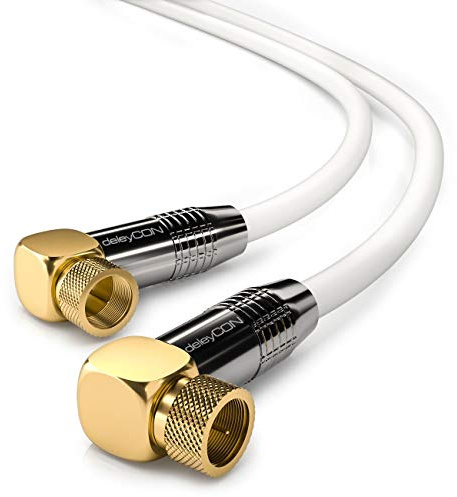 deleyCON 10m SAT Antennenkabel Koaxialkabel 2x 90° F-Stecker - Weiß | 4K Ultra-HD Full HD HDTV, Satellitenkabel, 2x gewinkelt, F-Stecker 90° zu F-Stecker 90°, Metallstecker