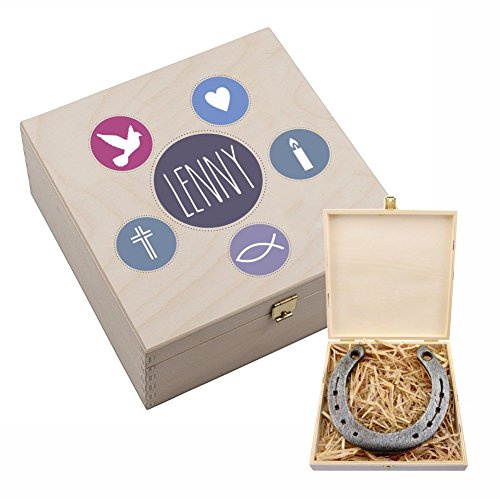 4youDesign Echtes Hufeisen in Holz-Geschenkschachtel Konfirmation blau mit Gravur – 2 Hufeisennägel zum befestigen – Geschenk Firmung, Kommunion – Glücksbringer Patenkind - 17x17x3,5cm