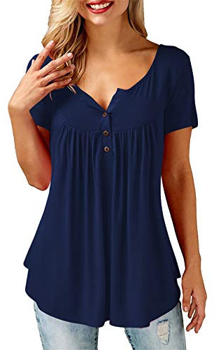 Amoretu T-Shirt Damen V-Ausschnitt Knopfleiste Bluse Solide Tunika Sommer Tops, L, A - Short Sleeve - Navy Blue