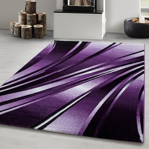Carpetsale24 Teppich Wohnzimmer 200x290 cm Lila Modern Abstraktes Wellen Design Kurzflor Schlafzimmer Esszimmer Küche Jugendzimmer Waschbar Pflegeleicht Extra Weich