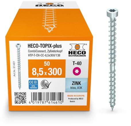HECO-TOPIX-plus CombiConnect 8,5 x 300, Holzbauschraube, Zylinderkopf, T-Drive, T-40, CC-Gewinde, verzinkt blau, A3K, 50 Stück, VARIANTA-Handwerkerverpackung