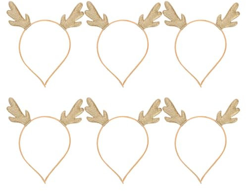 FRCOLOR 6Pcs Weihnachtsgeweih Stirnband Stoff Cartoon Hirsch Rentier Glitzer Haarreifen für Kinder Urlaub Geschenk Party Zugunsten Kopfschmuck Ornament (Golden)