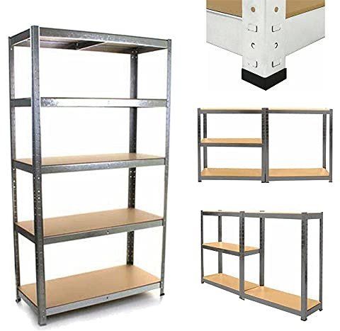 DayPlus Galvanised 5 Tier Boltless Heavy Duty Garage Shed Storage Shelving Units, Strong Industrial Steel & MDF Racking Shelves, 875kg Capacity | 175kg Per Shelf, 150 x 70 x 30 cm