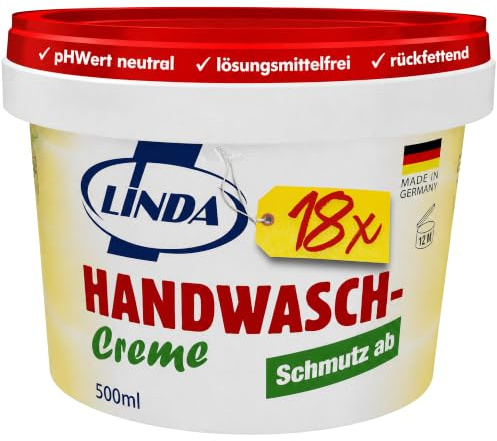 18x LINDA Schmutz ab Handwaschcreme 500g – Starke Reinigungspaste gegen hartnäckigen Schmutz – Hautschonende Pflege für Werkstatt, Industrie & Garten