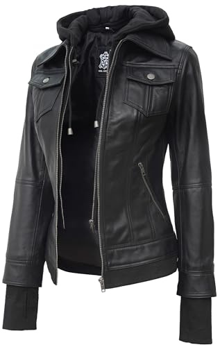 fjackets Veste de moto en cuir véritable pour femme – Veste de moto à capuche amovible en peau d'agneau véritable