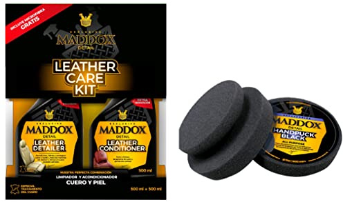 Maddox Detail 30401 Leather Care Klimpiador Y Acondicionador De Cuero Y Piel + 70302 Esponja, Disco Fino Con Poca Porosidad Para Limpiadores, Ceras O Selladores En Superficies De Pintura Y Plástico