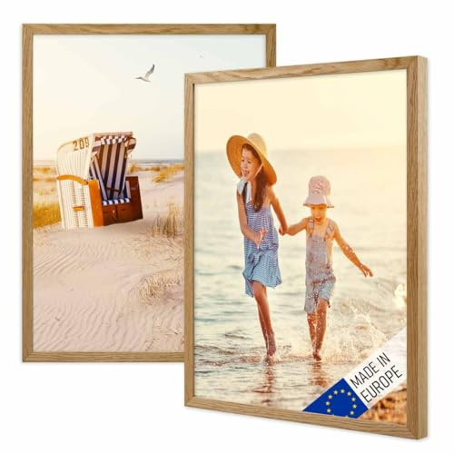 PHOTOLINI Bilderrahmen Holz 30x40 Eiche, Holzbilderrahmen Made in EU, 2er Set, bruchsicheres Acrylglas, zum Aufhängen, extra Zubehör - für Ihre liebsten Fotos & Bilder