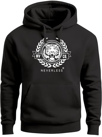 Neverless® Hoodie Herren Schriftzug Oldschool Print Tiger Kapuzen-Pullover Bedruckt Männer Fashion Streetstyle Schwarz-Weiss 3XL