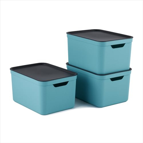 Jive Set de 3 Cajas de Almacenamiento con Tapa 16 l - Caja de Plástico Apilable Turquesa/Antracita, Formato A4, 37,5 x 27,8 x 29,8 cm