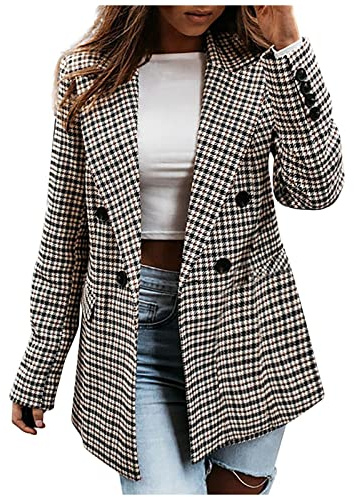 HAOLEI Houndstooth Jacket Women Casual Double Breasted Plaid Suit Jacket Coat Checked Long Sleeve Suit Blazer Regular Fit Work Business Office Fashion Casual Smart Autumn Winter Outwear Ladies