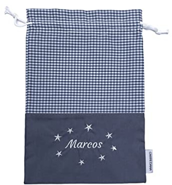 CARREDANA Bolsa de merienda personalizable con nombre. Bolsa de tela infantil para guarderia o colegio niños (Vichy gris)