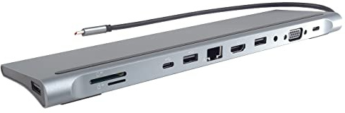 PremiumCord USB-C Dock mit 4K HDMI, VGA, RJ45, 3x USB-A 2.0, USB-C 3.2, SD, MicroSD/TF, StereoJack 3.5mm und PD 100W, UHD 4K 2160p 60Hz, Full HD 1080p, USB 3.2 Typ C, Aluminiumgehäuse, Länge 20cm