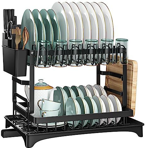 TAVADA Escurreplatos Acero Inoxidable,Escurridor de Platos de 2 Niveles,Escurre Platos Armarios,Estante de Secado de Platos con Soporte para Utensilios,Estante para Tazas para Mostrador De Cocina