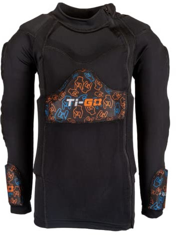 Ti-GO Kids Padded Zip Up Long Sleeve Soft Body Armour - Chest Protector for Mountain Bike - BMX Biking Protective Gear for Neck & Arms - Sports Clothing for Children (6-7) Black