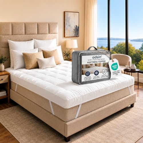 Adsin Luxury Hotel Quality Mattress Topper Double Size–10CM Extra Thick Quilted Mattress Topper for Double Bed, Soft Breathable Anti-Allergy Microfibre Fill for Added Comfort and Support, 135 x 190 cm
