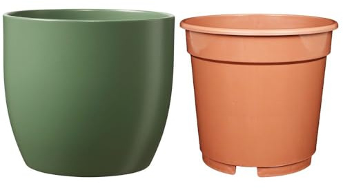SK Soendgen Basel Lot de cache-pots en céramique Vert mousse mat Diamètre 13 cm + pot de culture Ø 12 cm Ambiance d'intérieur de qualité supérieure