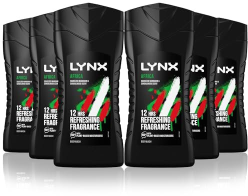 Lynx Africa Shower Gel, Body Wash, Mens Shower Gel, Plant based Moisturisers with 12 hours of Refreshing Fragrance Body Wash for Men, 225ml (Pack of 6)