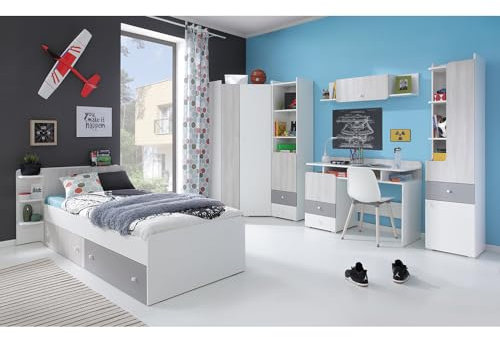 Lomadox Jugendzimmer Set Bett 120x200cm Liegefläche, 2 Bettschubladen, Eckkleiderschrank Regale Schreibtisch weiß, Eiche hell, grau