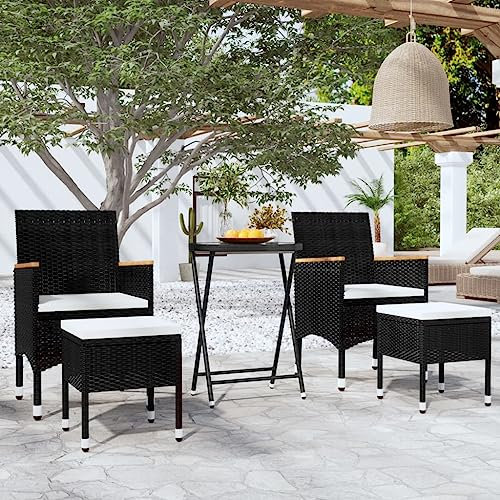 ULUYYUC 5-TLG. Garten-Bistro-Set, Eckbankgruppe Eckbank Küche Fußhocker Terrassenmöbel Geeignet für Hinterhof Balkon Garten Außenbereich Poly Rattan und Hartglas Schwarz