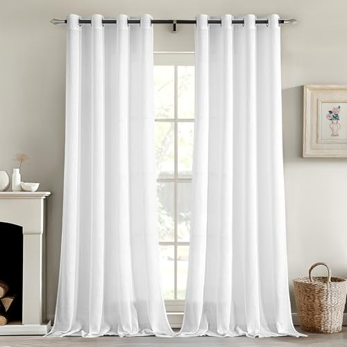 MIULEE Gardinen Vorhänge mit ösen Voile Vorhang kurz Modern Leinenoptik Halbtransparent Ösenvorhang für Wohnzimmer Kinderzimmer Raumteiler 2er Set Weiß 245x140 cm
