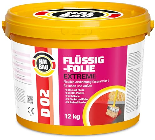 Flüssigfolie 12kg, Flüssiggummi für Innen und Aussen | Faserverstärkte Hochelastische Abdichtung, Wassersperre unter Fliesen, Balkon, Dusche Halbau D02