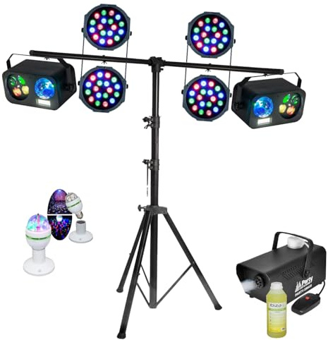 Ibiza - Pack Pied Lumière PARTY LIGHT & SOUND 4 Projecteurs PAR RGB - 2 Jeux Lumières Gobo Astro Strobe - Machine Fumée Liquide 1L Soirée Dj
