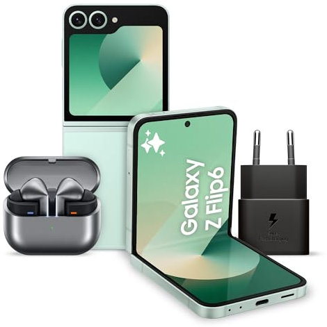 Samsung Galaxy Z Flip6 Smartphone AI Pieghevole, Caricatore Incluso, RAM 12GB, 512GB, Display 3,4 Super AMOLED/6,7 Dynamic AMOLED 2X, Mint + Galaxy Buds3 Pro Silver Auricolari in-ear, 2024