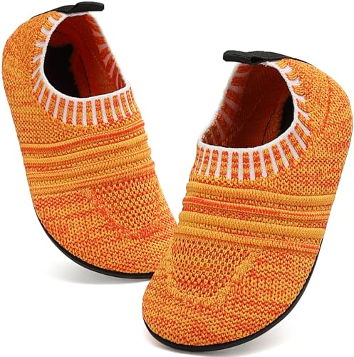 BARFULKER Pantuflas para niños y niñas, transpirables, ligeras, antideslizantes, para aprender a andar, zapatos de cabaña, zapatos descalzos, color naranja, talla 32/33 EU