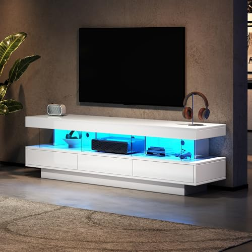 Merax TV-Schrank, Lowboard für Fernseher bis zu 70 Zoll, TV Board in Weißer Hochglanz mit LED-Beleuchtung, Moderner Fernsehtisch mit 3 Glasfächern, 3 Schubladen, TV-Möbel für Wohnzimmer, Esszimmer